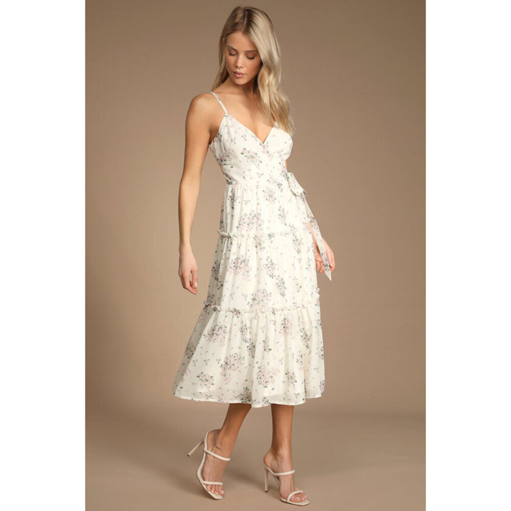 Lulus Got The Bloom Ivory Floral Print Tiered Midi Wrap Dress White - Size S